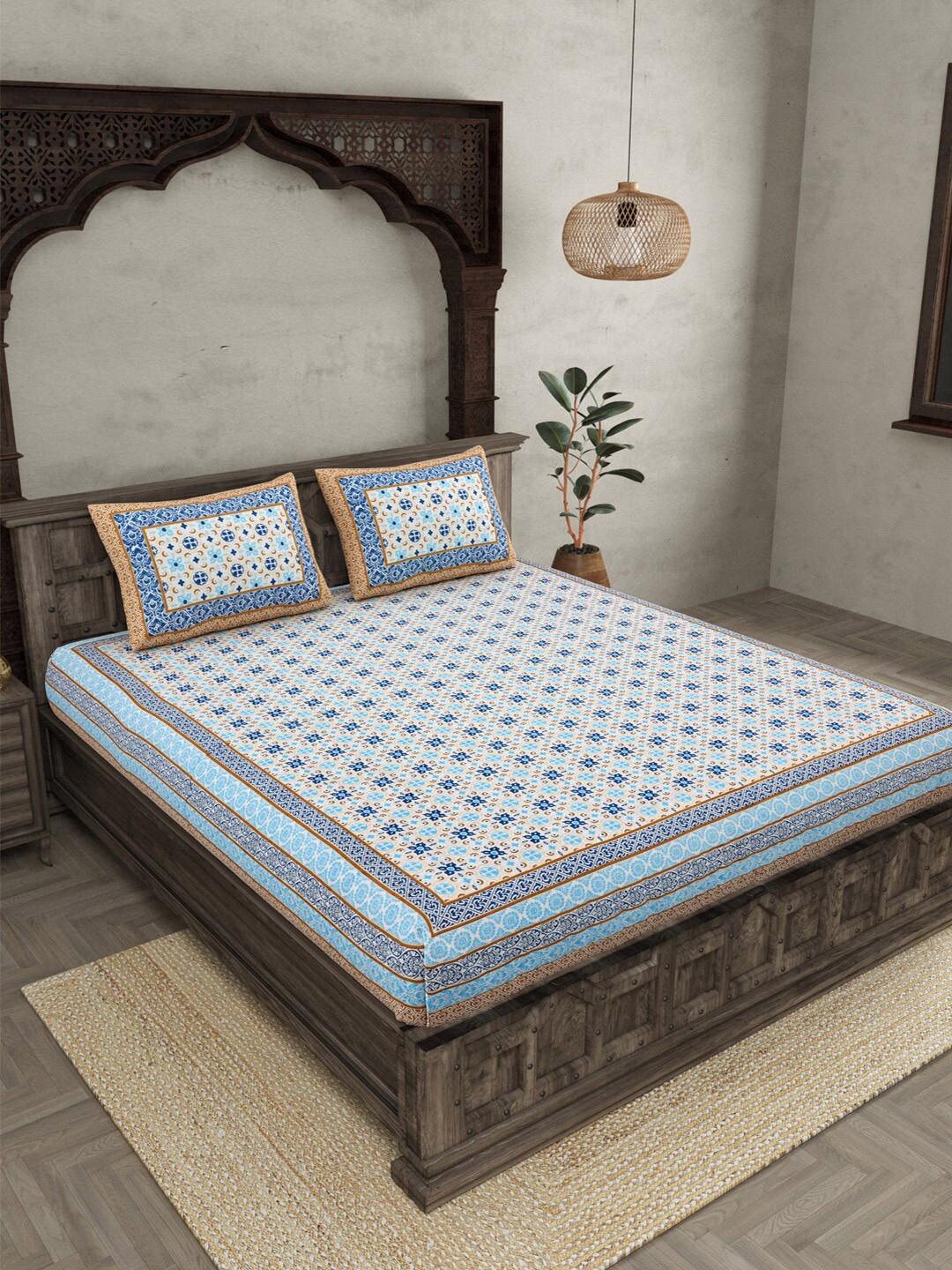 JAIPUR FABRIC Eca-30 White Ethnic Motifs Cotton 210 TC Queen Fine Bedsheet with 2 Pillow Covers-90 x 100 inches