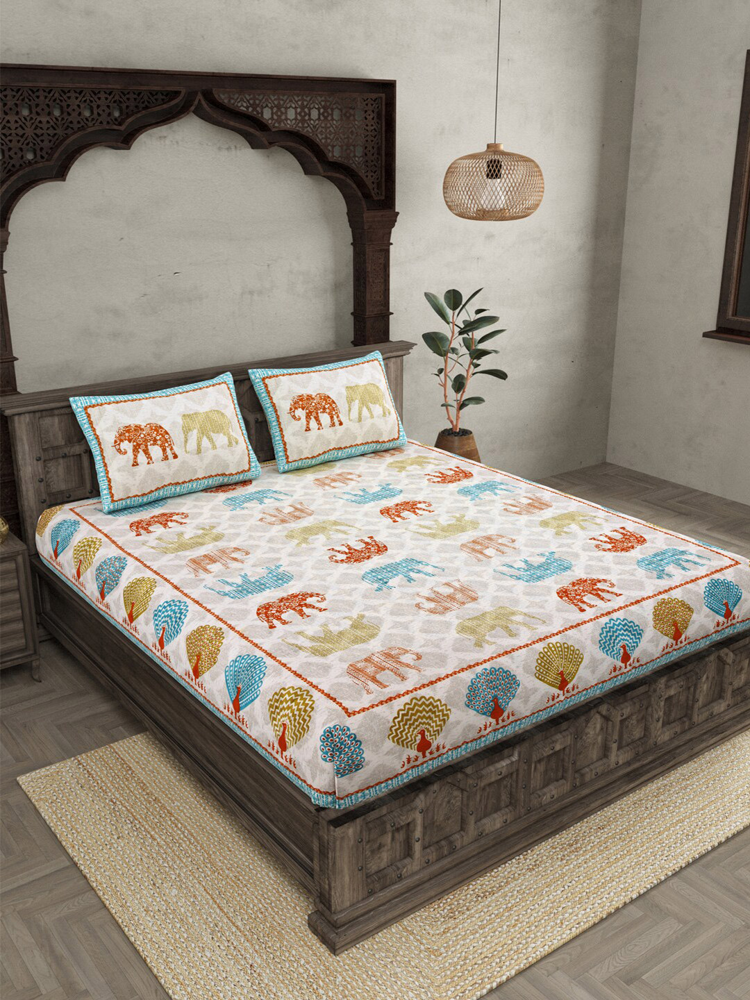 JAIPUR FABRIC Jungle Safari White Ethnic Motifs Cotton 210 TC Queen Fine Bedsheet with 2 Pillow Covers-90 x 100 inches