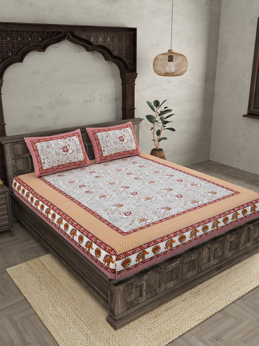 JAIPUR FABRIC Shubh Arambh Grey Ethnic Motifs Cotton 210 TC Queen Fine Bedsheet with 2 Pillow Covers-90 x 100 inches