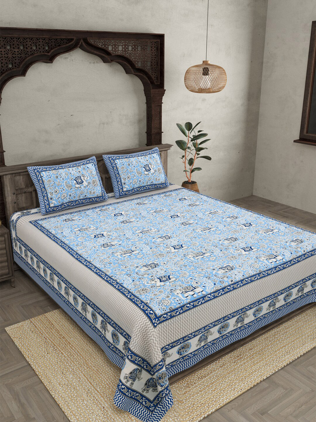JAIPUR FABRIC Shubh Arambh White Ethnic Motifs Cotton 210 TC Queen Fine Bedsheet with 2 Pillow Covers-90 x 100 inches