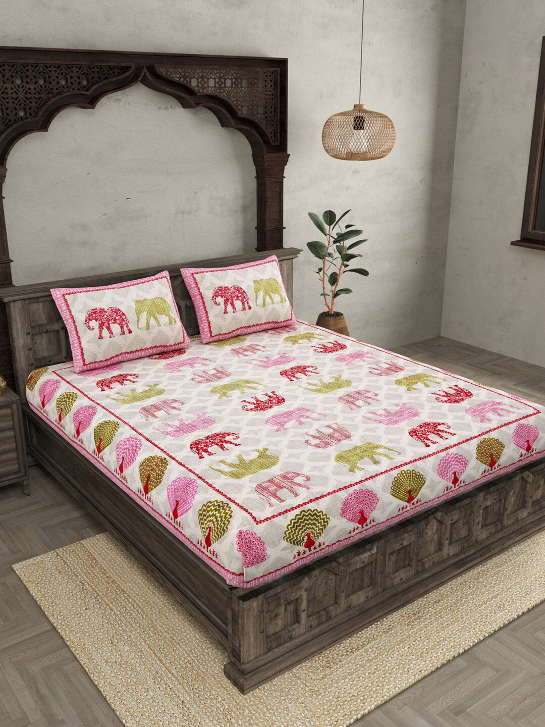 JAIPUR FABRIC Off White Ethnic Motifs Cotton 210 TC Queen Fine Bedsheet with 2 Pillow Covers-228 x 254 cm