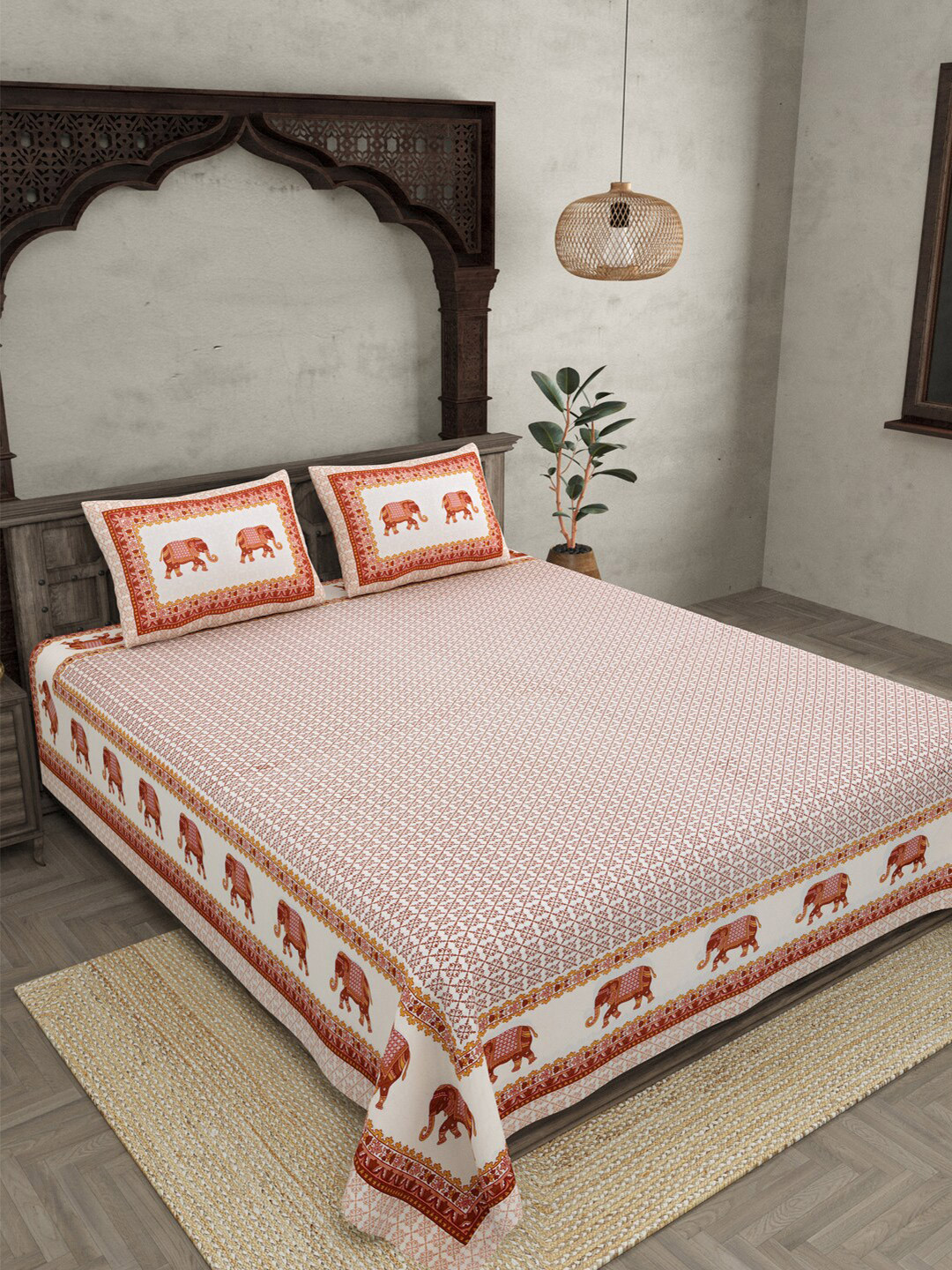 JAIPUR FABRIC Blockbuster White Ethnic Motifs Cotton 210 TC Queen Fine Bedsheet with 2 Pillow Covers-90 x 100 inches