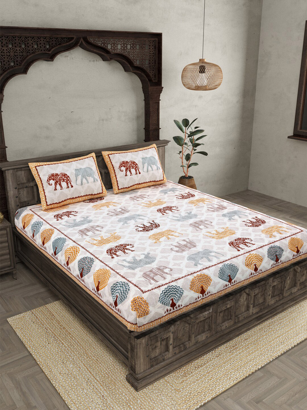 JAIPUR FABRIC Off White Ethnic Motifs 210 TC Cotton Queen Bedsheet with 2 Pillow Covers