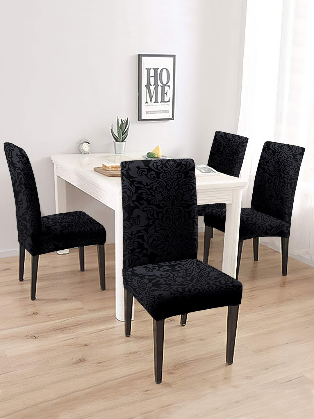 Cortina Black 4 Pieces Self Design Super Stretchable Chair Covers