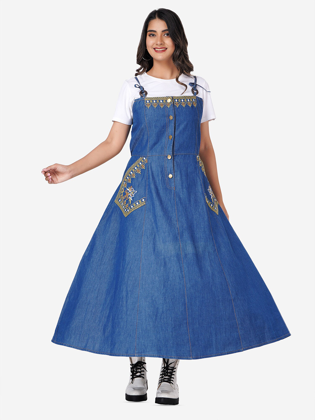 SUMAVI-FASHION Cotton Denim Pinafore Maxi Dress