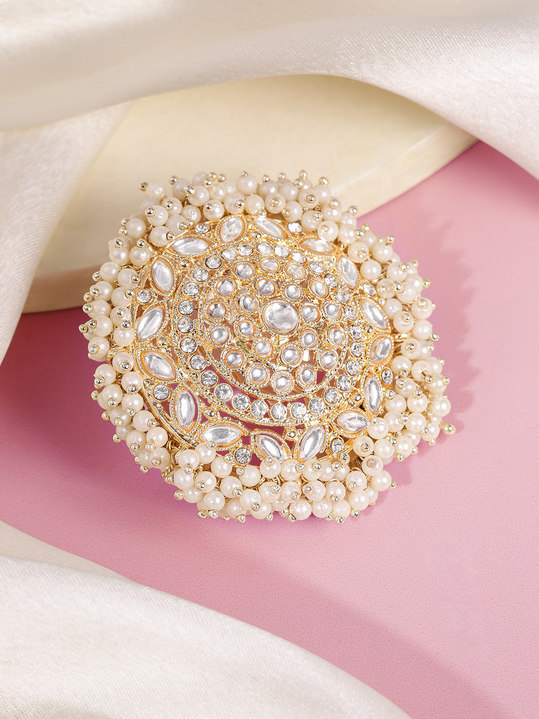 Peora Gold-Plated Kundan & Beads Studded Round Hair Bun Pin