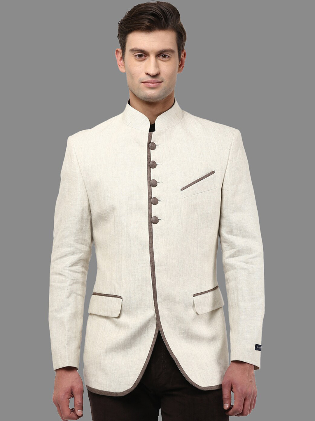 Givo Mandarin Collar Linen Bandhgala Blazers