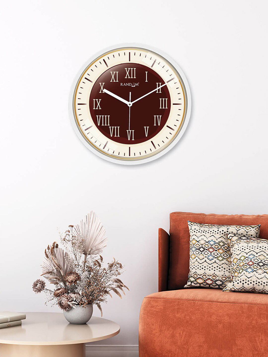RANDOM White & Brown Printed Round Shape Analogue Wall Clock