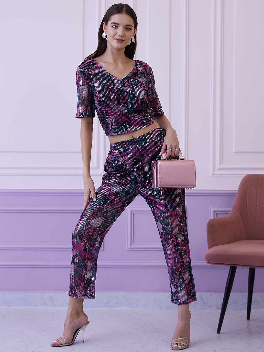 Athena Women Embellished Sequinned Easy Wash Trousers