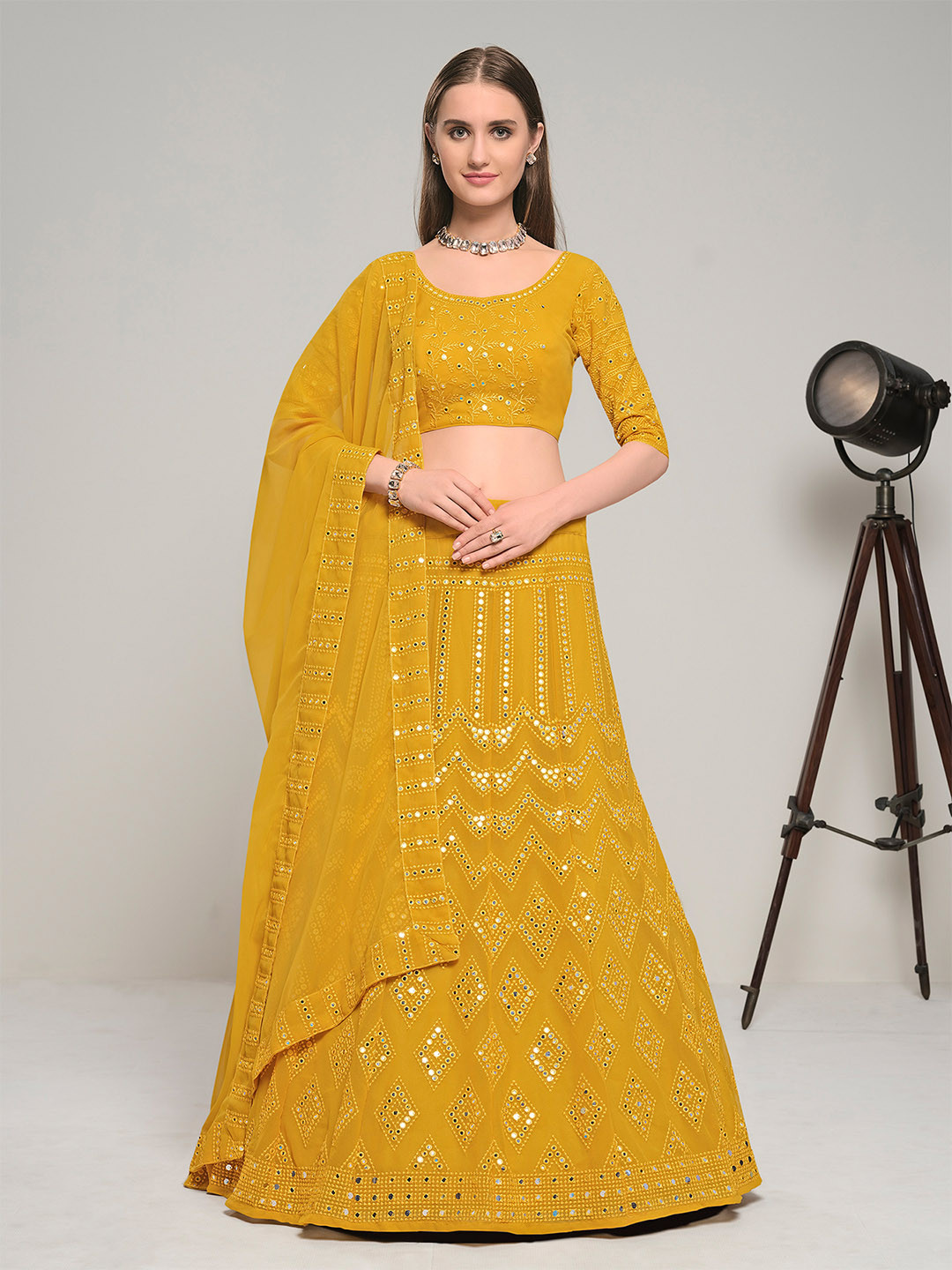 Fusionic Embroidered Mirror Work Shibori Semi-Stitched Lehenga & Blouse & Dupatta