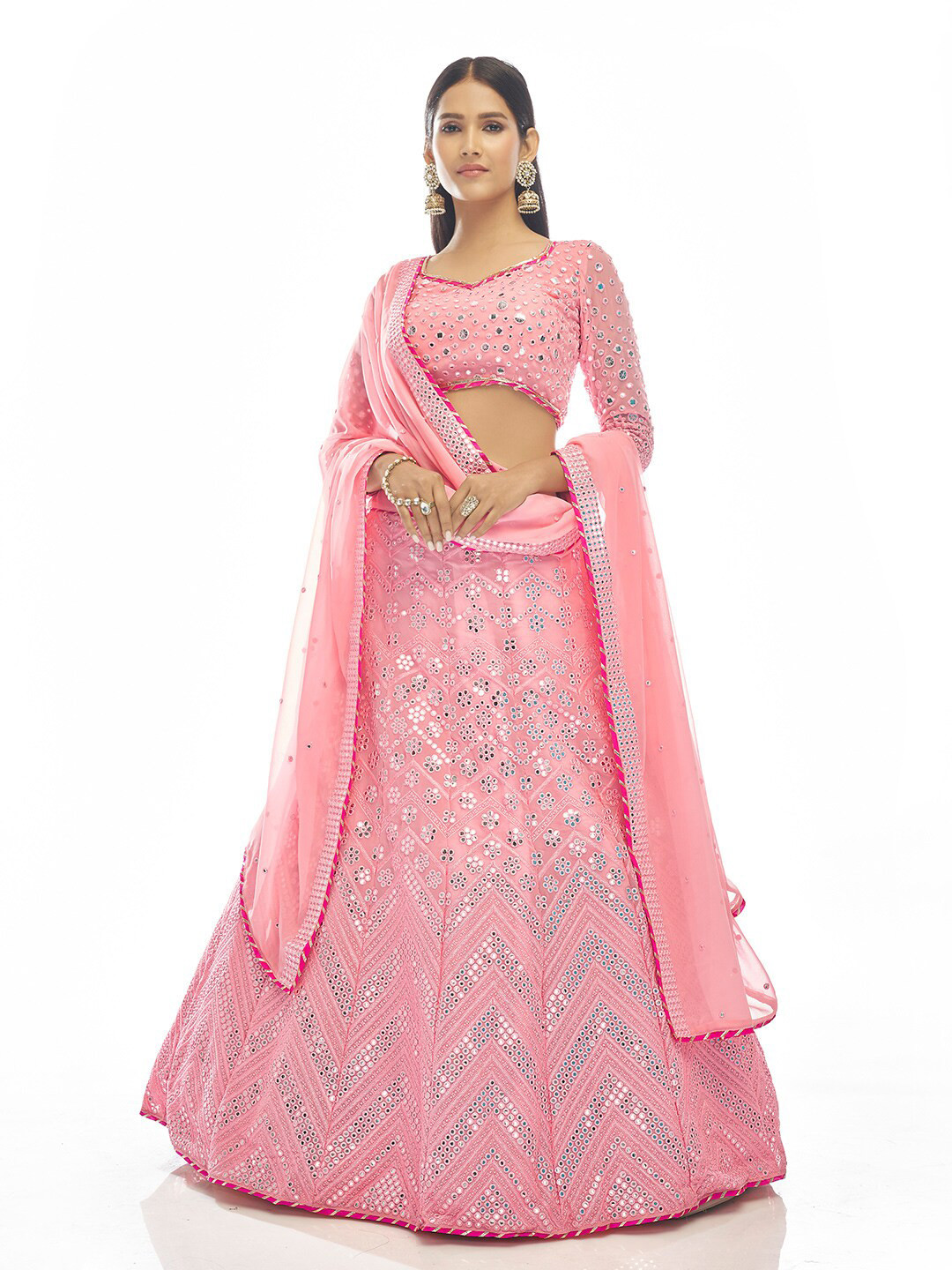 Fusionic Embroidered Semi-Stitched Organza Lehenga & Unstitched Blouse With Dupatta
