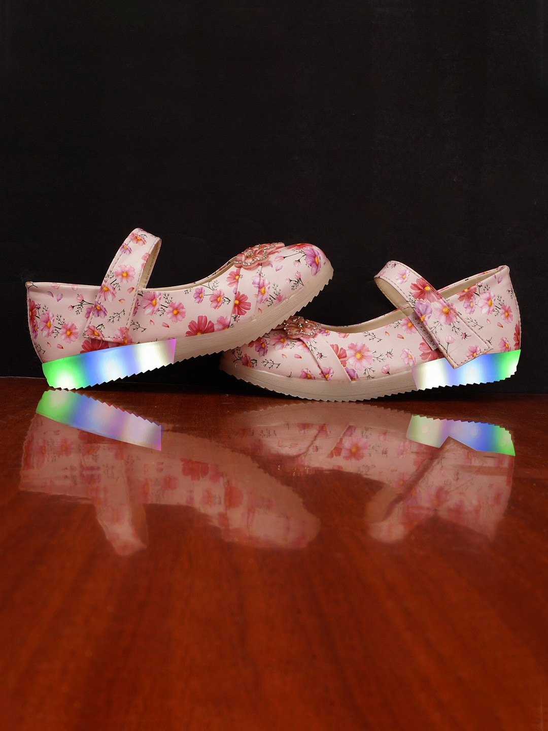 BAESD Girls Floral Printed Round Toe LED Light Ballerinas