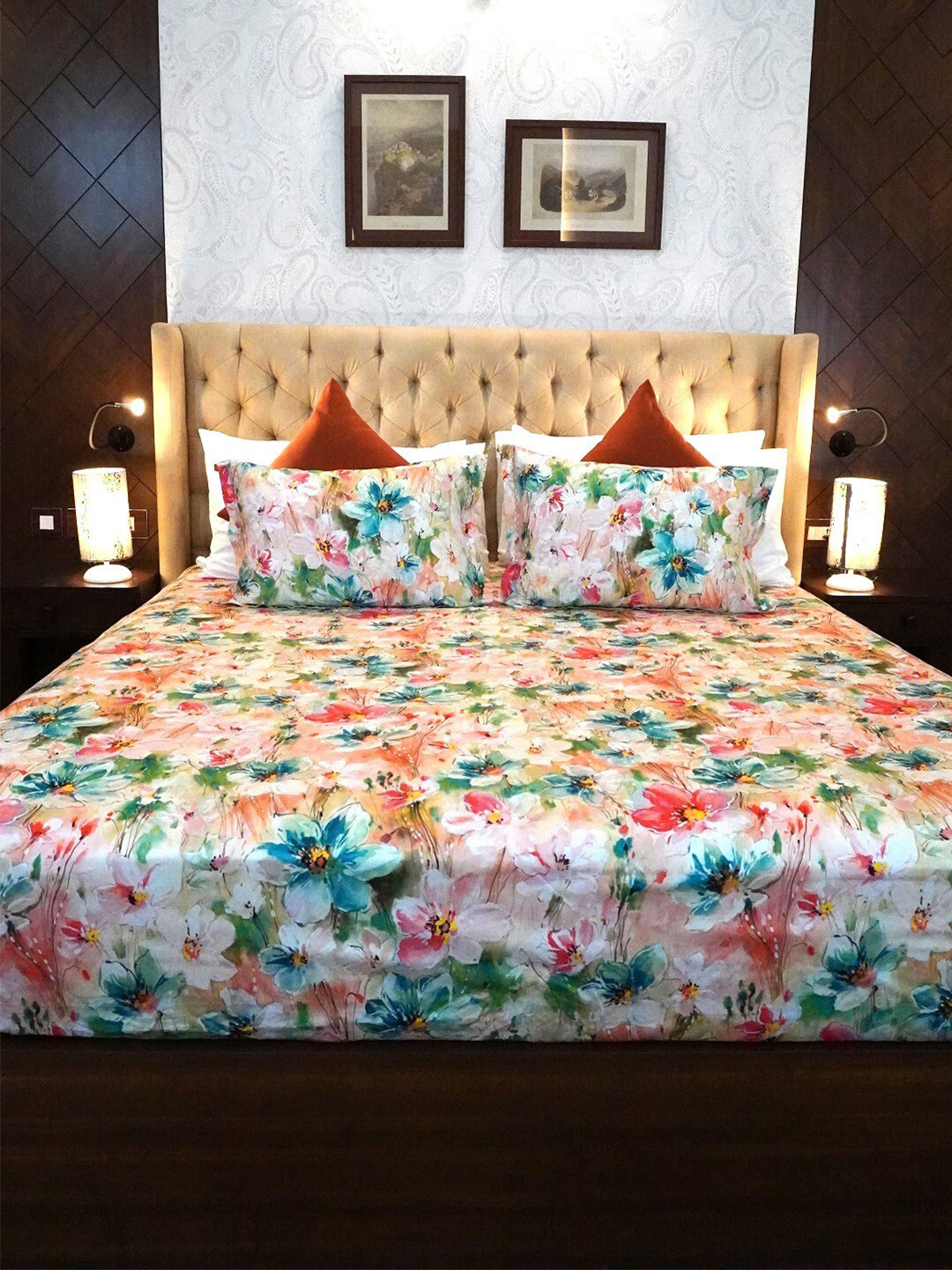 TARA- Sparkling Homes Pink Floral Cotton 350 TC King Superfine Bedsheet with 2 Pillow Covers-108 x 108 inches