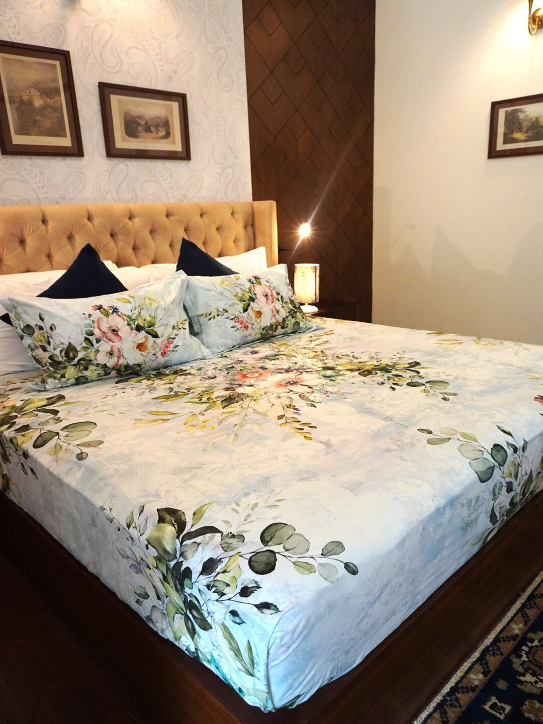 TARA- Sparkling Homes Luxury Blue Floral Cotton 350 TC King Superfine Bedsheet with 2 Pillow Covers-108 x 108 inches