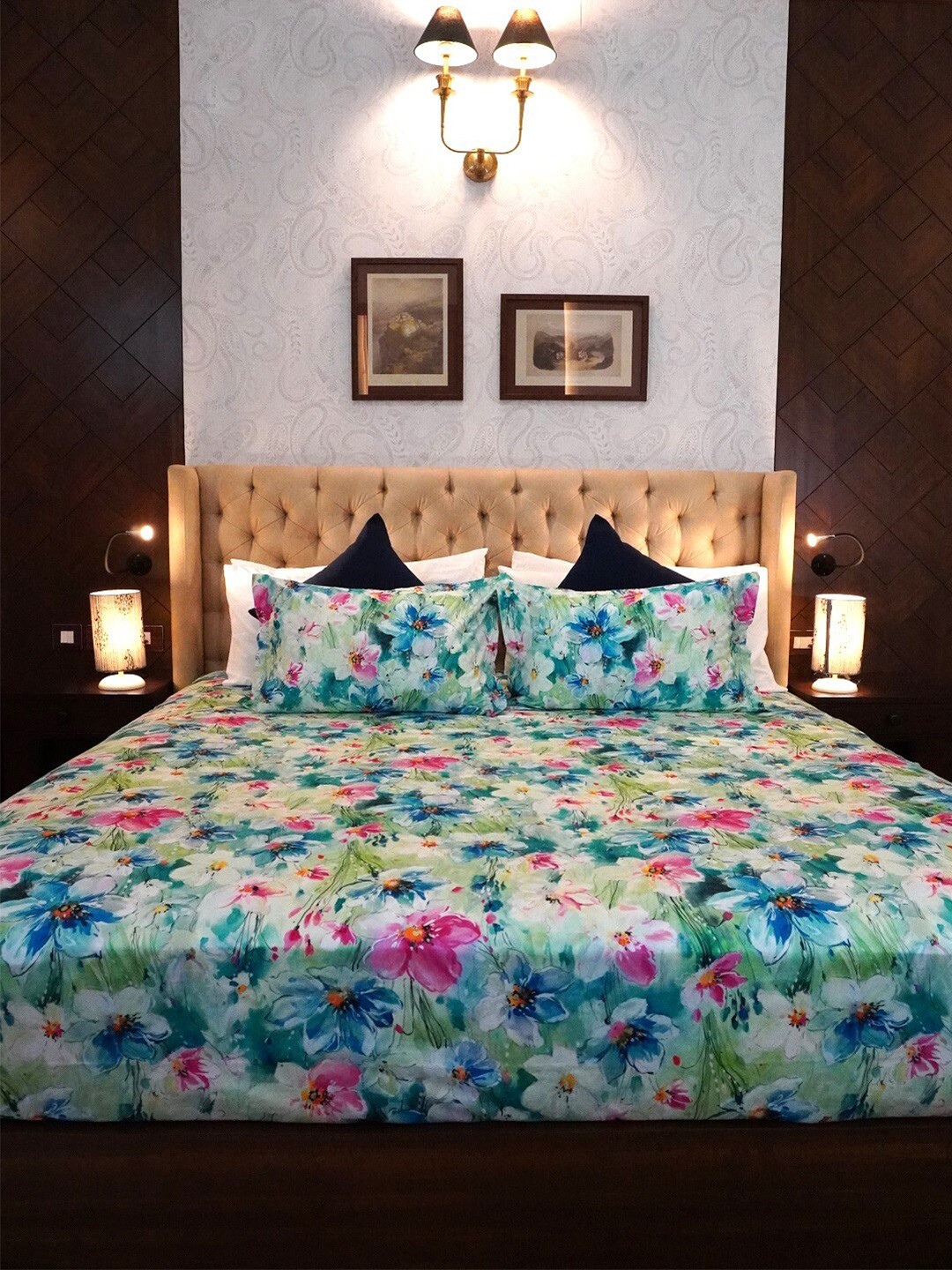 TARA- Sparkling Homes Luxury Blue Floral Cotton 350 TC Fitted King Superfine Bedsheet with 2 Pillow Covers-108 x 108 inches