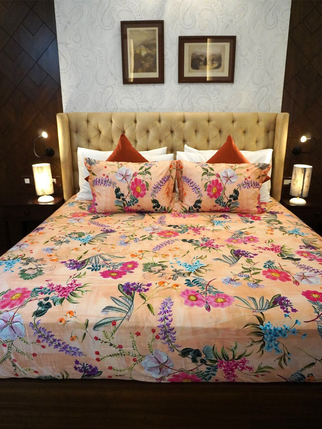 TARA- Sparkling Homes Luxury Brown Floral Cotton 350 TC King Superfine Bedsheet with 2 Pillow Covers-274 x 274 cm