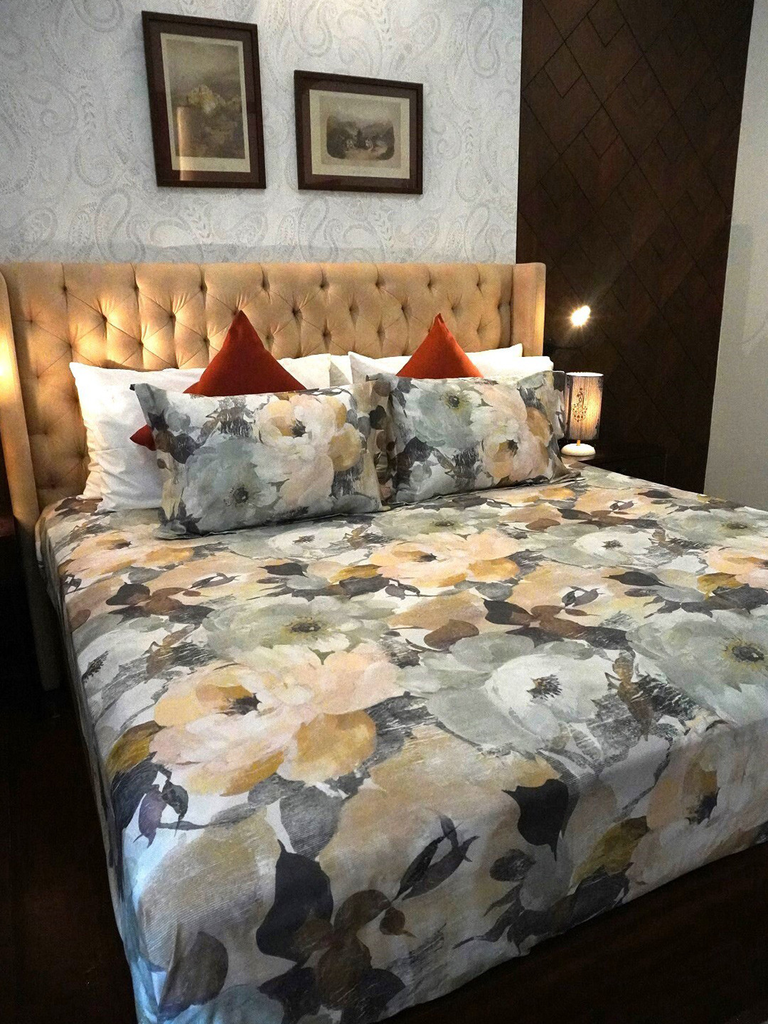 TARA- Sparkling Homes Luxury Gold Floral Cotton 350 TC King Superfine Bedsheet with 2 Pillow Covers-108 x 108 inches