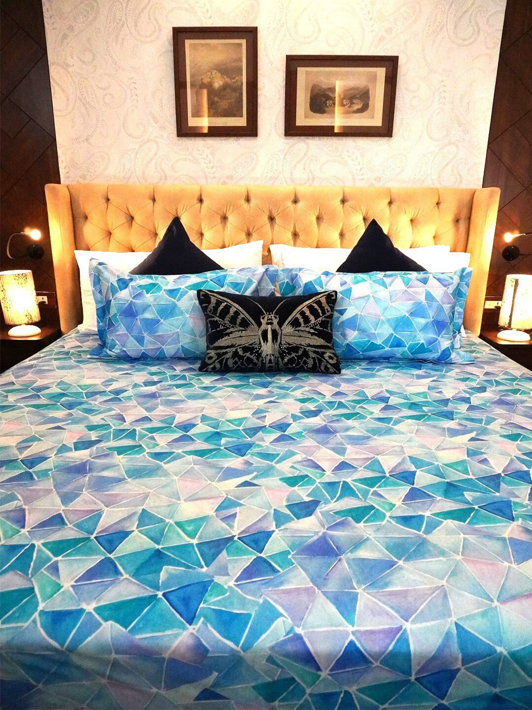 TARA- Sparkling Homes Blue Geometric Cotton 350 TC King Superfine Bedsheet with 2 Pillow Covers-274.32 x 274.32 cm