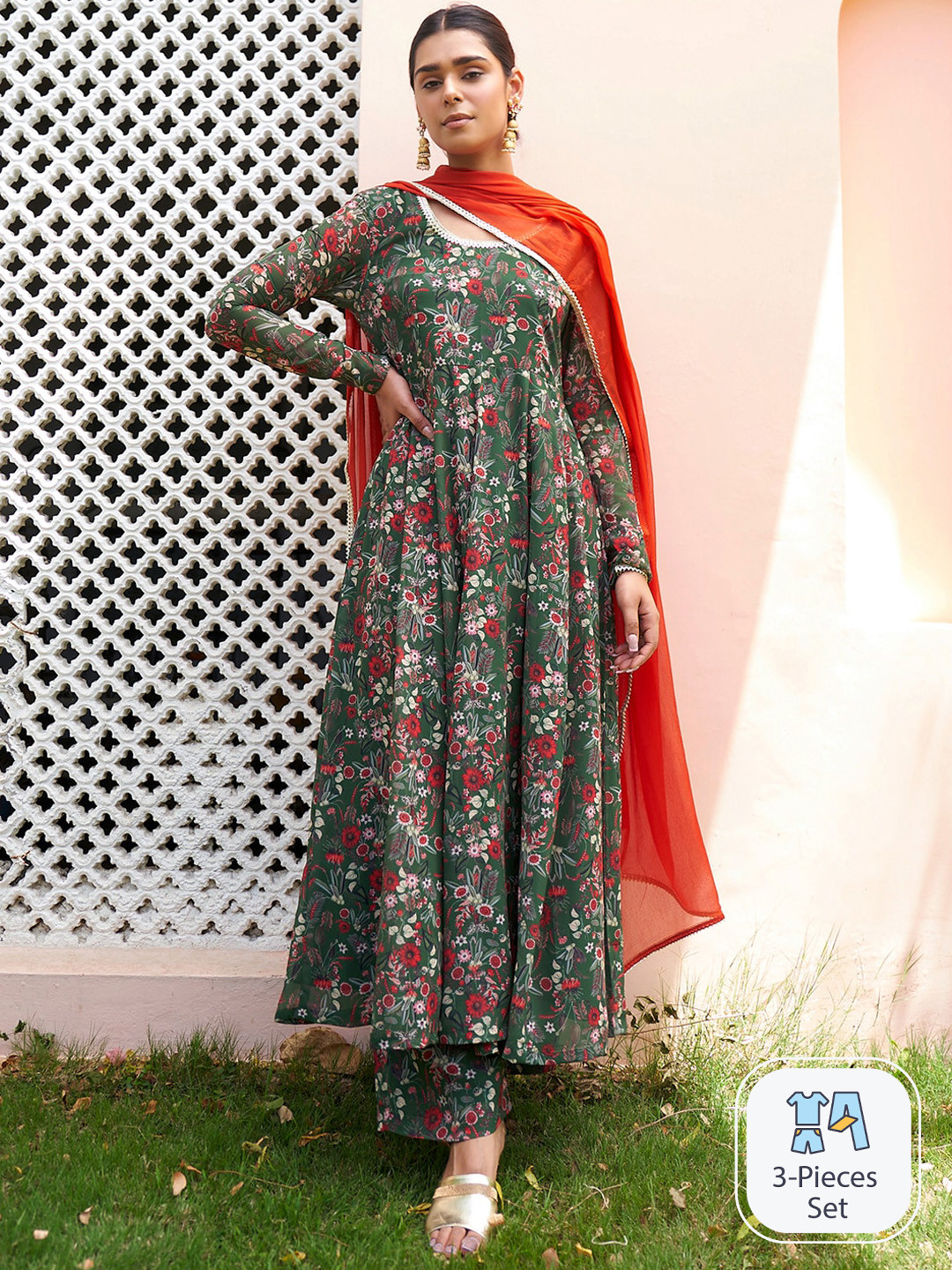 Janasya  Bottle Green Georgette Digital Floral Printed Kurta with Palazzo and Dupatta