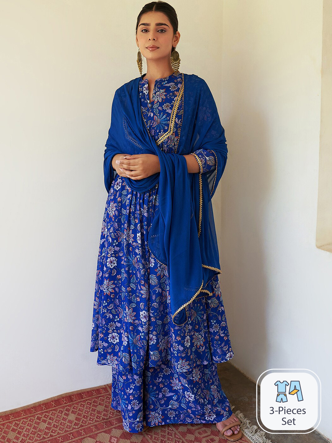 Janasya Floral Printed Mandarin Collar Gotta Patti Anarkali Kurta With Palazzos & Dupatta