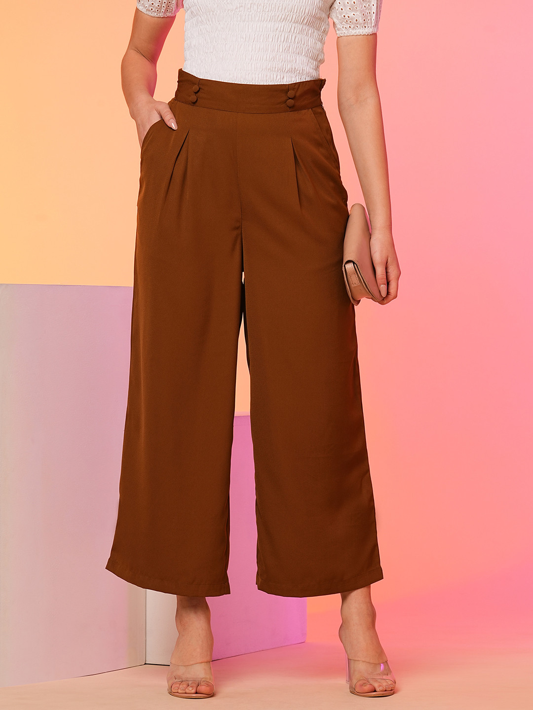 Globus High-Rise Pleated Back Frilled Waist Wide Leg Trousers
