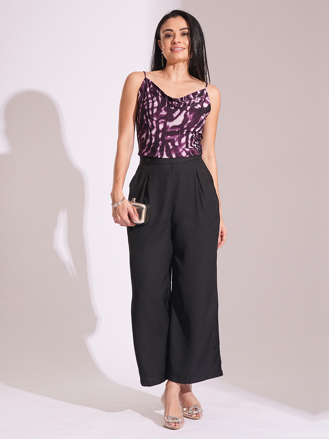 Globus Women Black High-Rise Pleated Back Frilled Waist Wide Leg Workwear Trousers