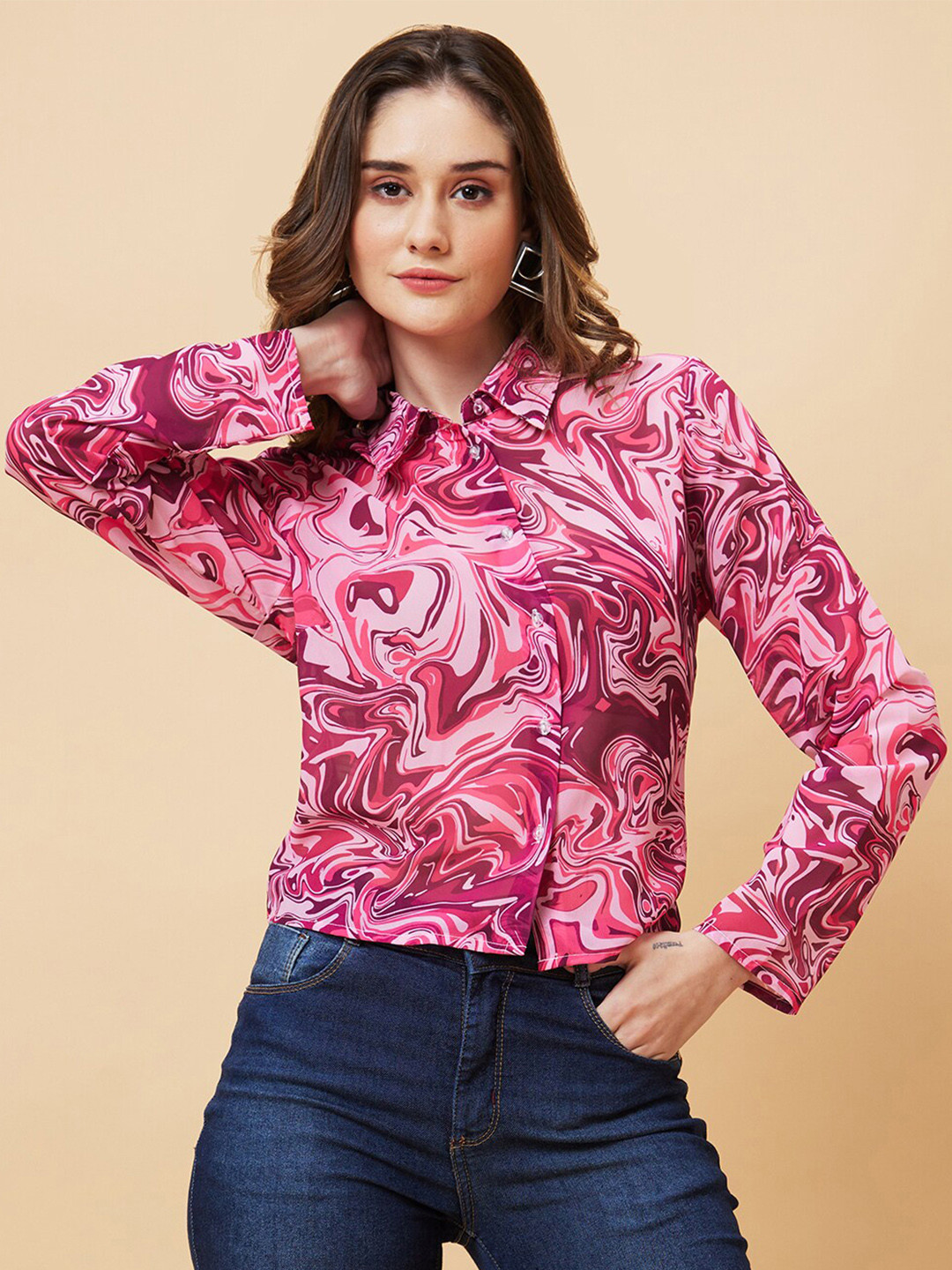 Globus Pink Tropical Print Shirt Style Top