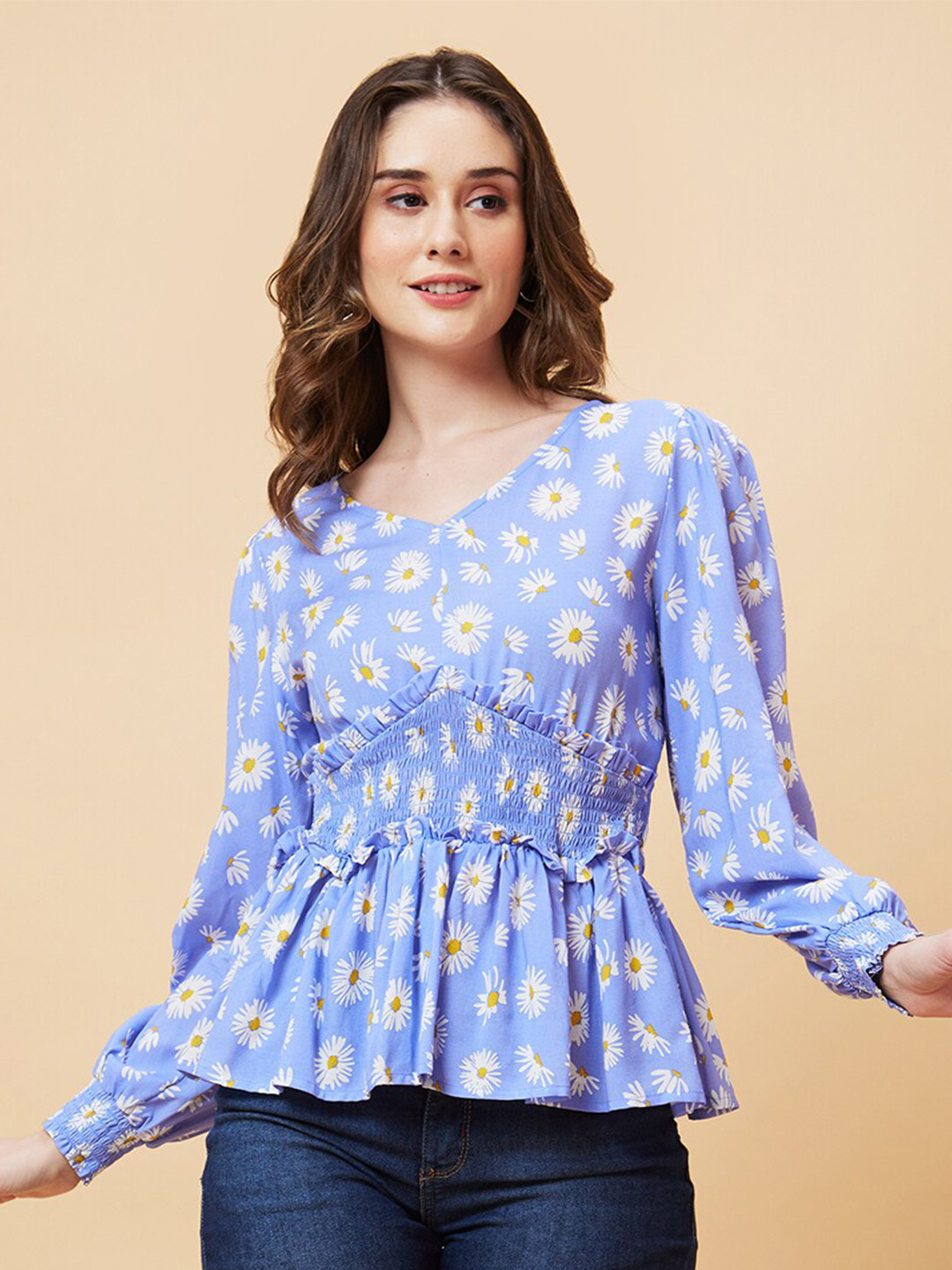Globus Blue Polka Dot Print Puff Sleeve Cinched Waist Top