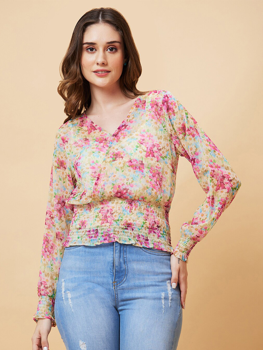 Globus Multicoloured Floral Print Chiffon Blouson Top