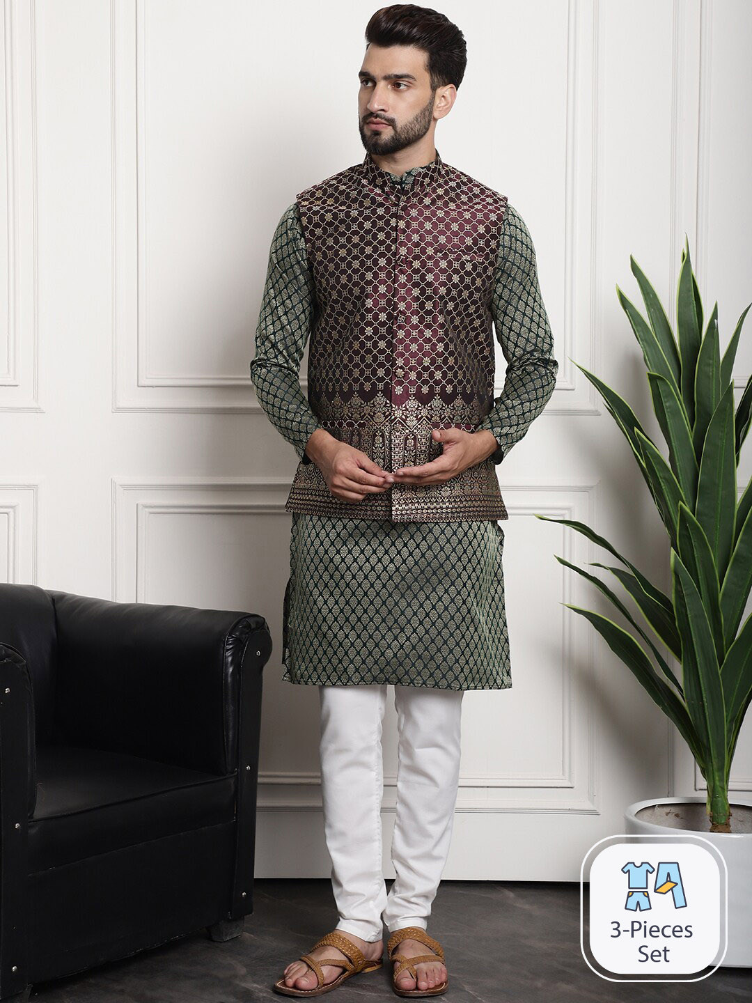 SOJANYA Ethnic Motif Woven Design Jacquard Silk Kurta & Churidar With Nehru Jacket