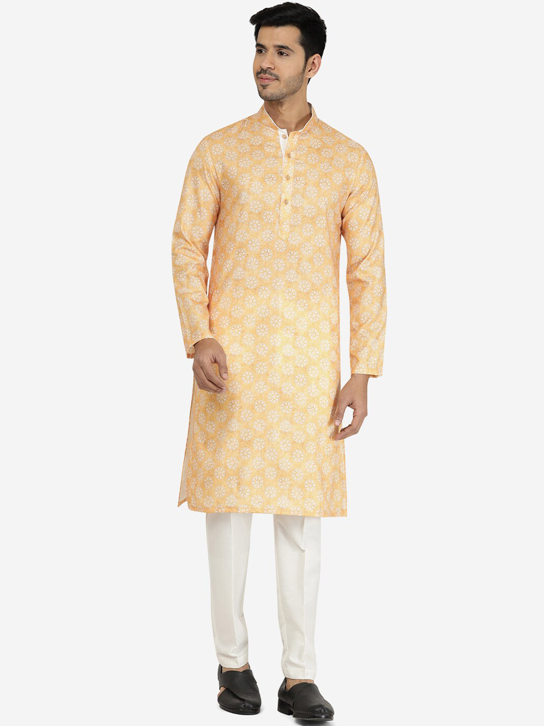 THE KURTA COMPANY Floral Woven Designed Mandarin Collar Cotton Silk Straight Kurta