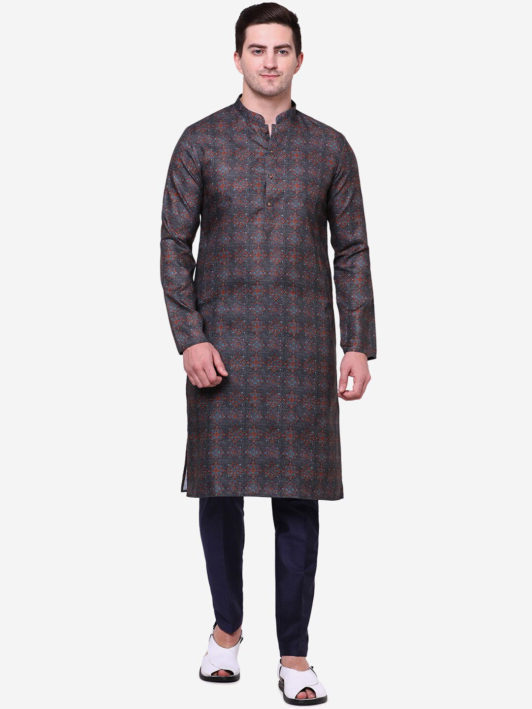 THE KURTA COMPANY Ethnic Motif Mandarin Collar Printed Silk Straight Kurta