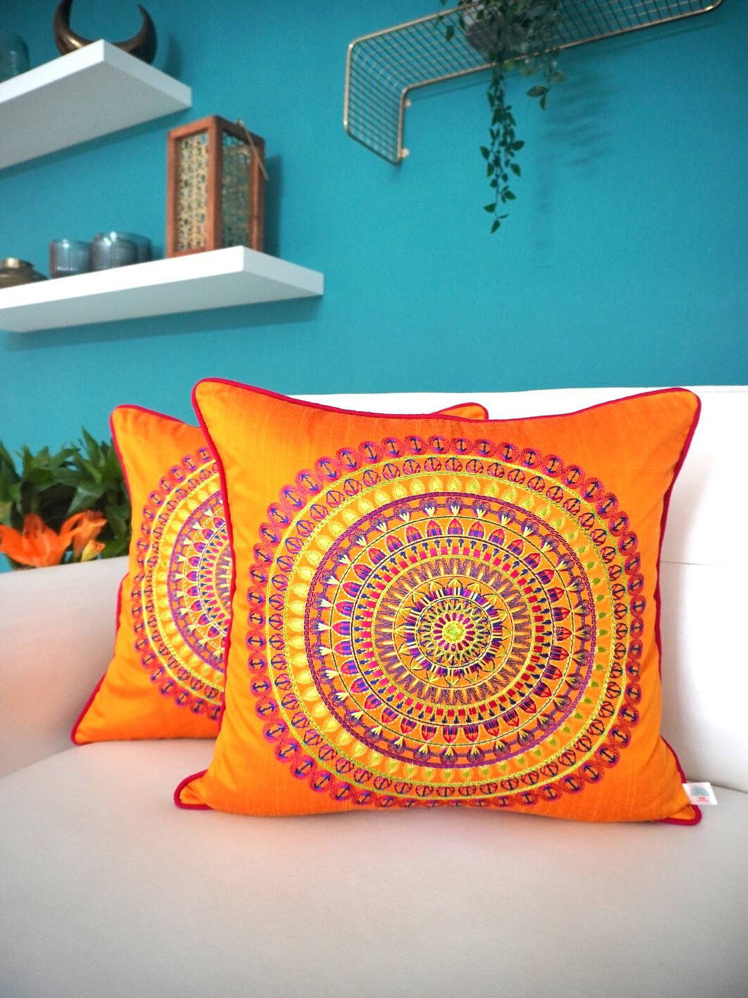 TARA- Sparkling Homes Orange 2 Pieces Cotton Silk Embroidered Square Cushion Covers