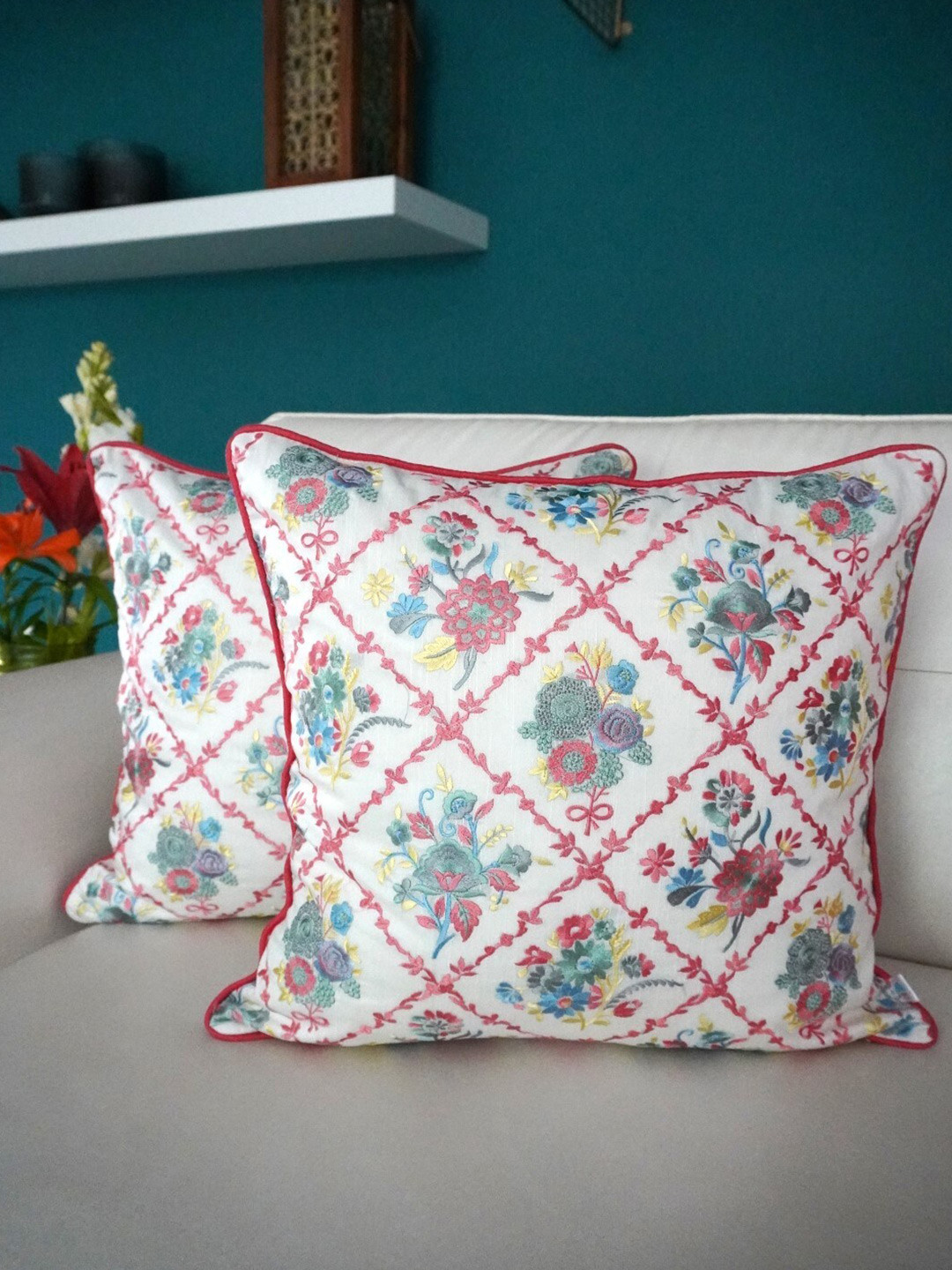 TARA- Sparkling Homes Peach-Coloured & White 2 Pieces Embroidered Square Cushion Covers