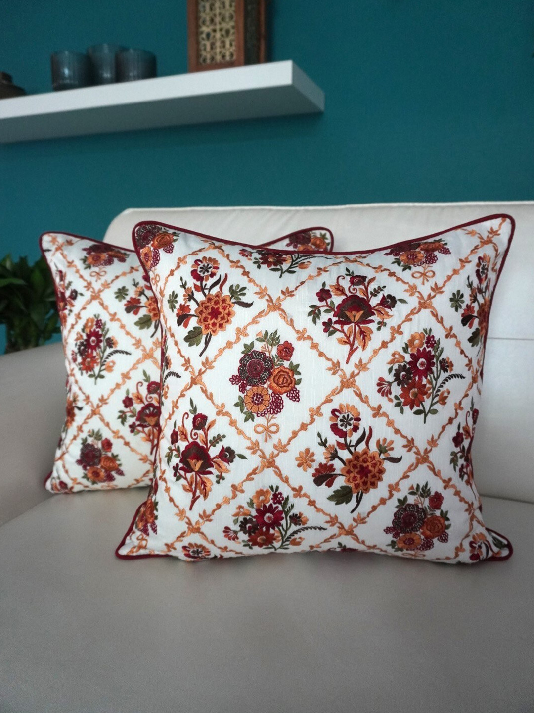 TARA- Sparkling Homes Maroon 2 Pieces Cotton Silk Embroidered Square Cushion Covers