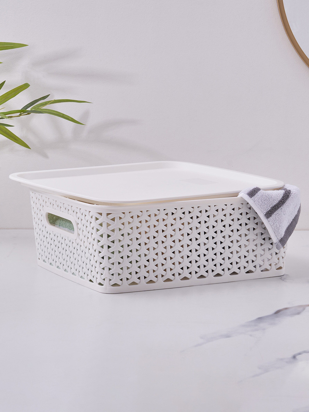Home Centre Off-White Textured Storage Basket With Lid
