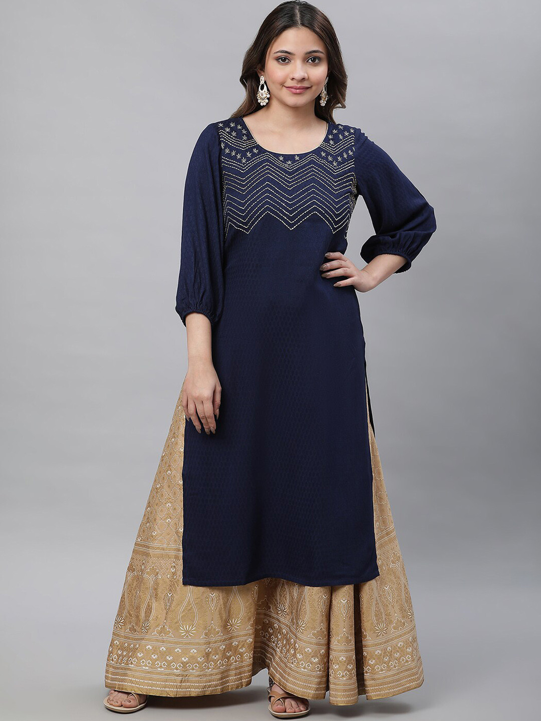 AURELIA Chevron Thread Work Puff Sleeves Yoke Design Kurta