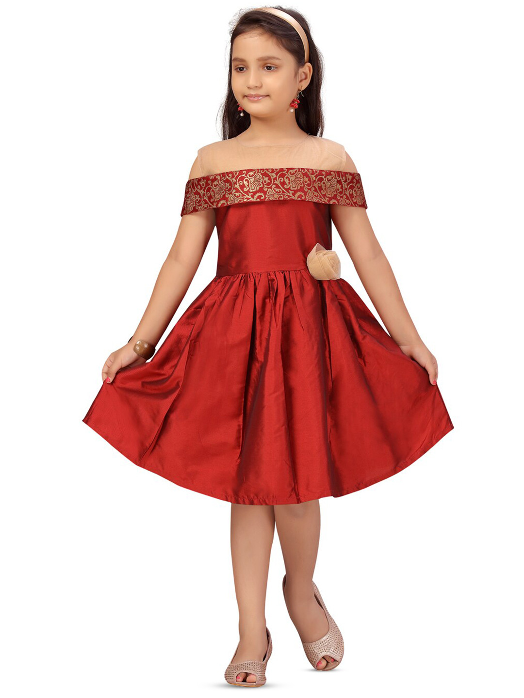 BAESD Cold shoulder Sleeves Silk Fit & Flare Dress