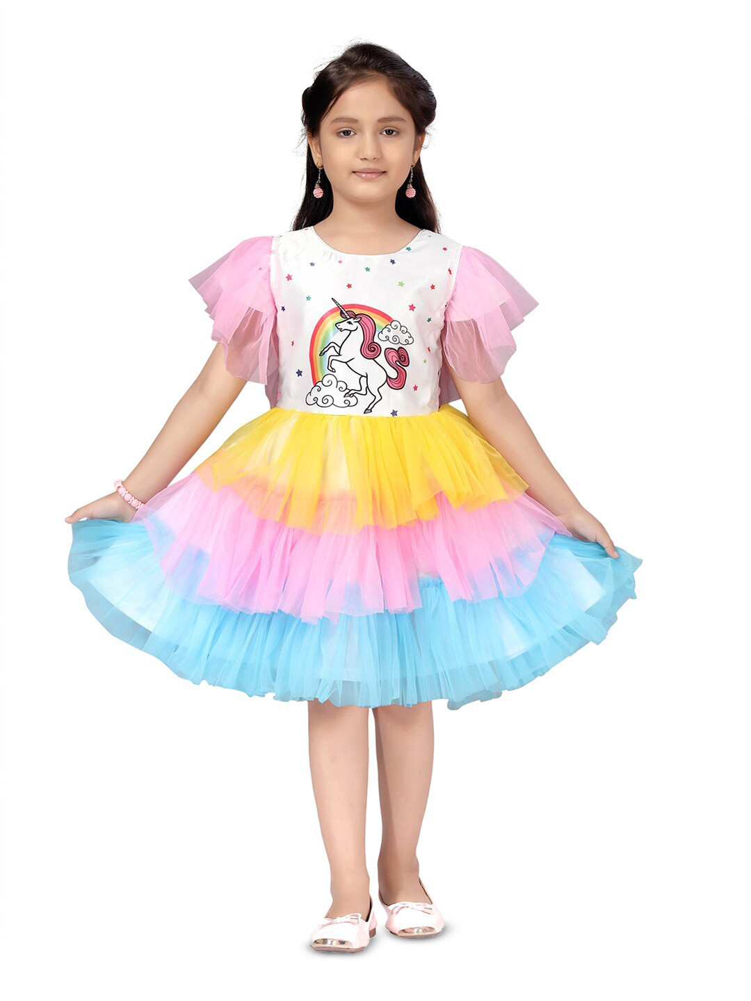 BAESD Multicoloured Unicorn Printed Layered Flutted Sleeves Net Fit & Flare Dress