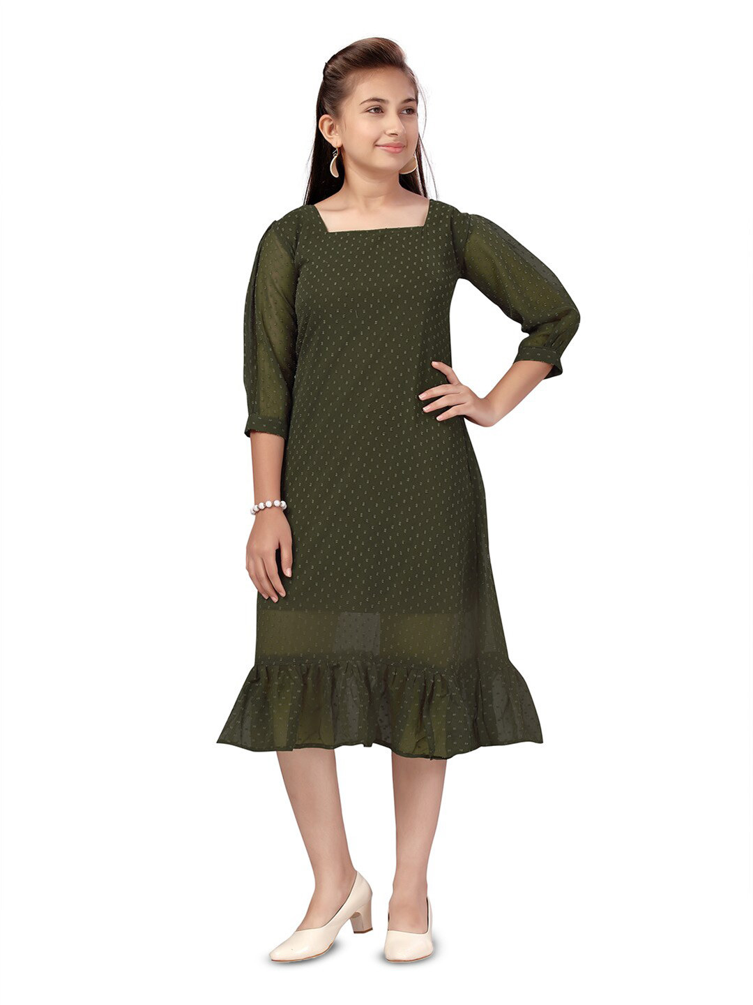 BAESD Girls Self Design Puff Sleeves Georgette Drop-Waist Midi Dress