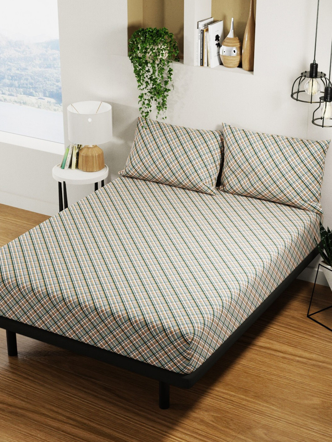 BIANCA Platinum Green Geometric 144 TC Pure Cotton Queen Bedsheet with 2 Pillow Covers