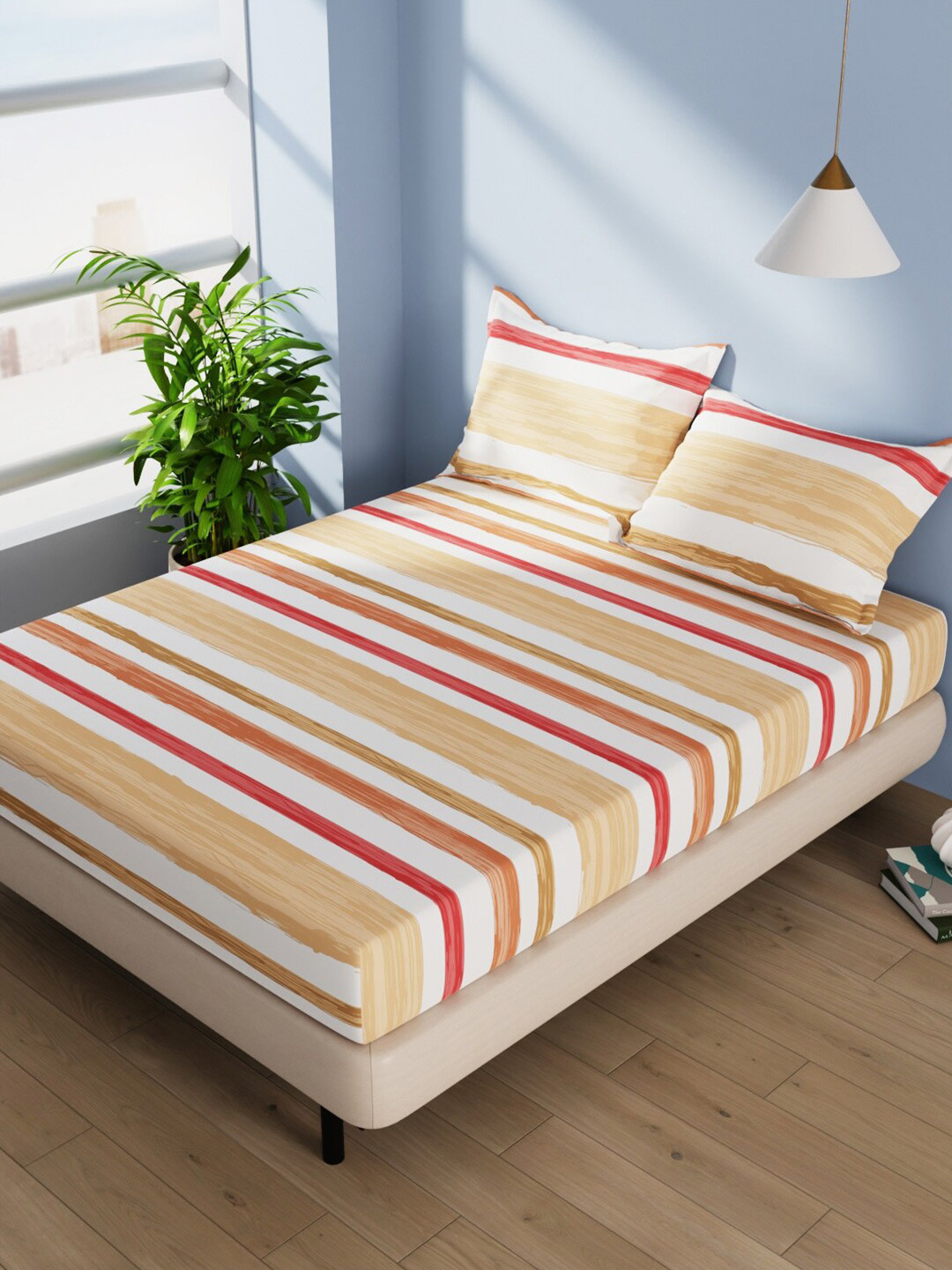 BIANCA Serina Beige & Red Striped Cotton 144 TC Queen Bedsheet With 2 Pillow Covers