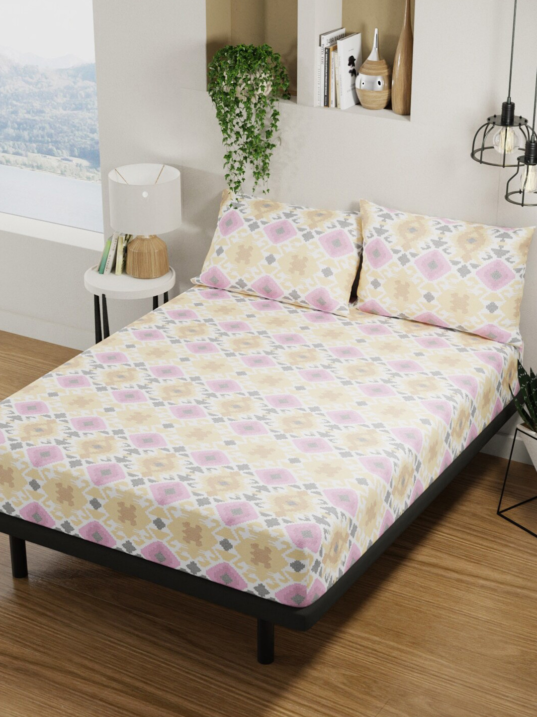 BIANCA Platinum Yellow Ethnic Motifs Pure Cotton 144 TC Fitted Queen Bedsheet with 2 Pillow Covers-88 x 100 inches