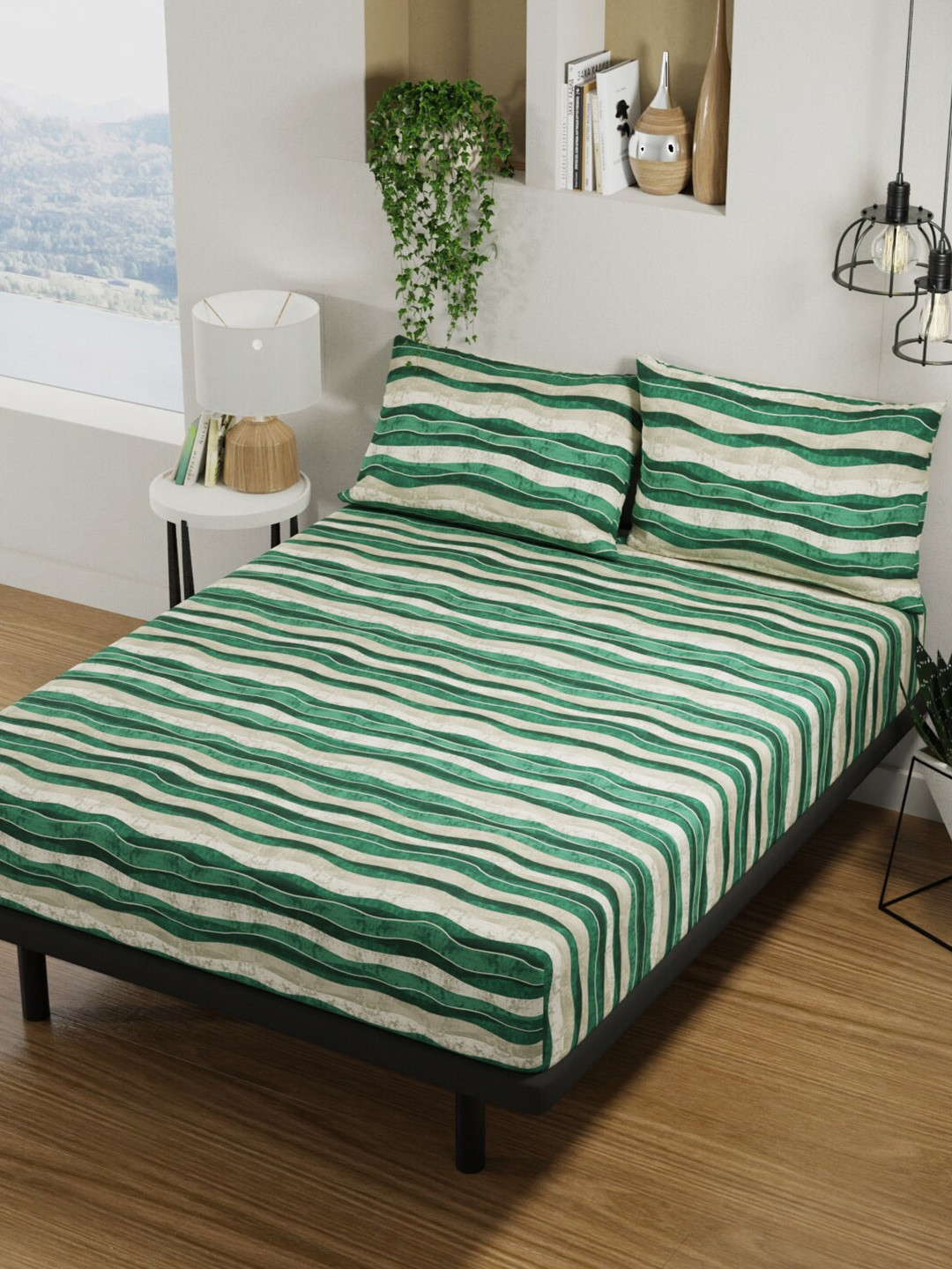 BIANCA Platinum Green Striped Pure Cotton 144 TC Queen Bedsheet with 2 Pillow Covers-88 x 100 inches