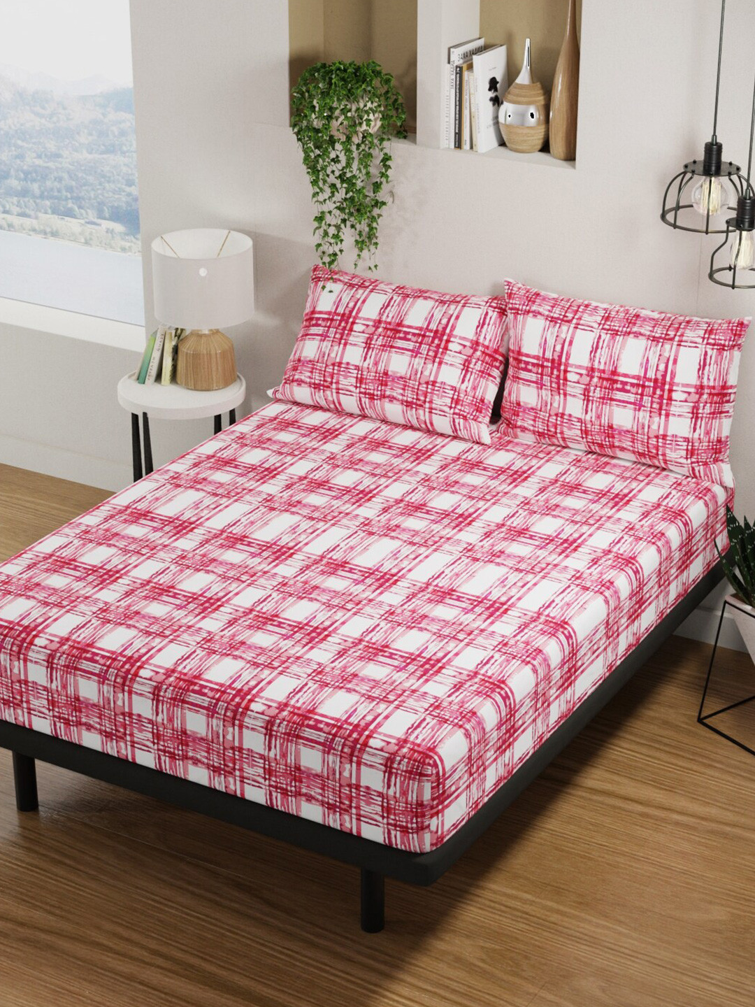 BIANCA Platinum Pink & White Geometric Pure Cotton 144 TC Queen Bedsheet Set