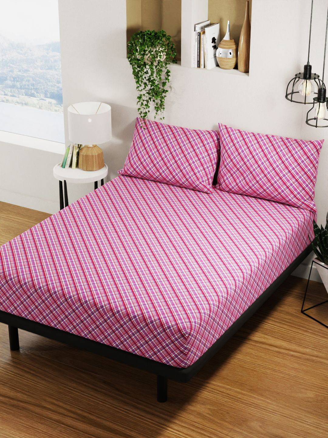 BIANCA Platinum Pink Checked Pure Cotton 144 TC Queen Bedsheet with 2 Pillow Covers-59 x 87 inches