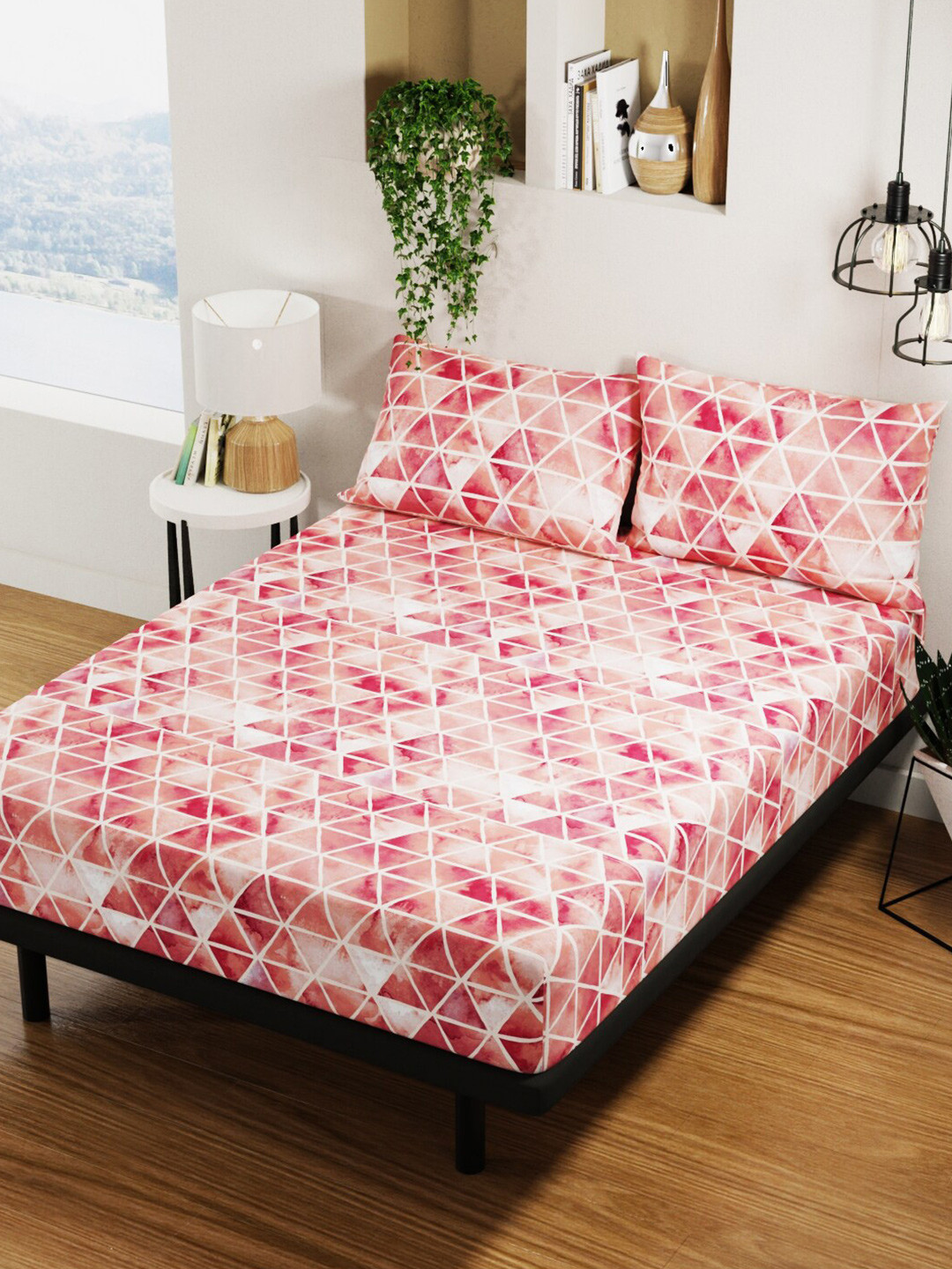 BIANCA Platinum Maroon Geometric Pure Cotton 144 TC Queen Bedsheet with 2 Pillow Covers-88 x 100 inches