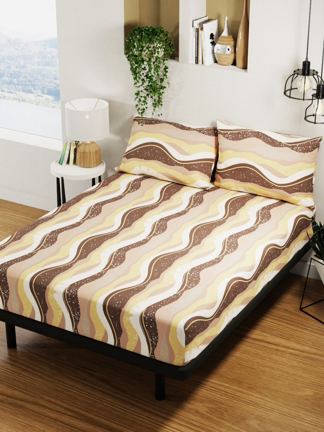 BIANCA Platinum Brown Abstract Cotton 144 TC Queen Bedsheet with 2 Pillow Covers-88 x 100 inches
