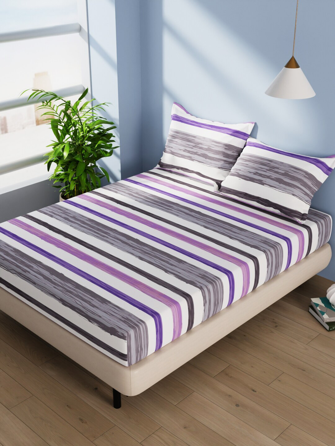 BIANCA Serina Grey Striped Cotton 144 TC Fitted Queen Bedsheet with 2 Pillow Covers-88 x 100 inches