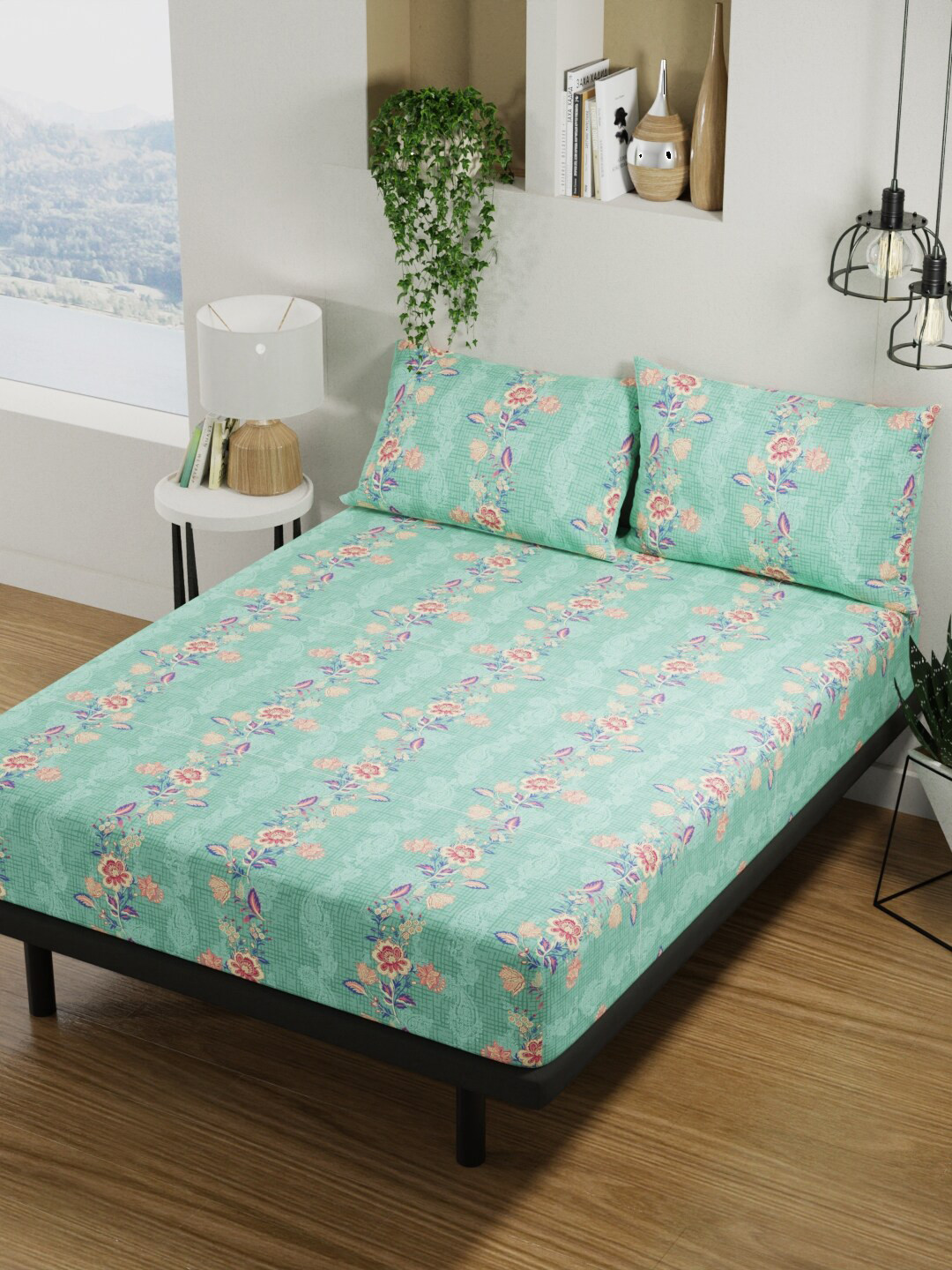 BIANCA Platinum Green Floral Pure Cotton 144 TC Queen Bedsheet with 2 Pillow Covers-88 x 100 inches